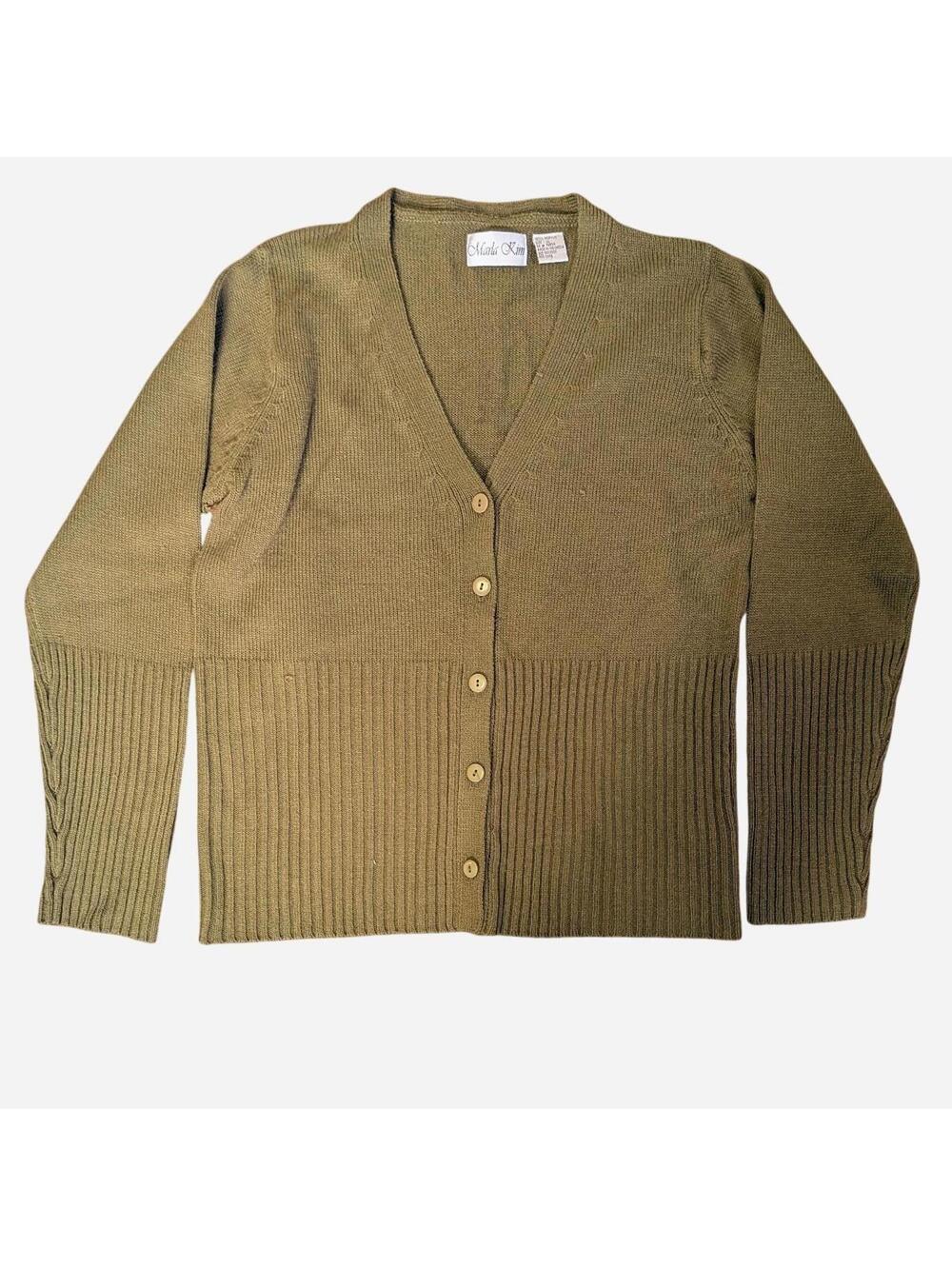 1990s Marla Kim Olive Green Cable Knit Cardigan Sweater Vintage  Large